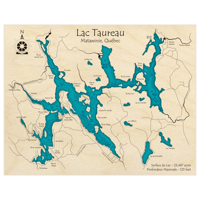 Bathymetric topo map of Lac Taureau with roads, towns and depths noted in blue water