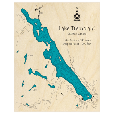 Bathymetric topo map of Lac Tremblant with roads, towns and depths noted in blue water