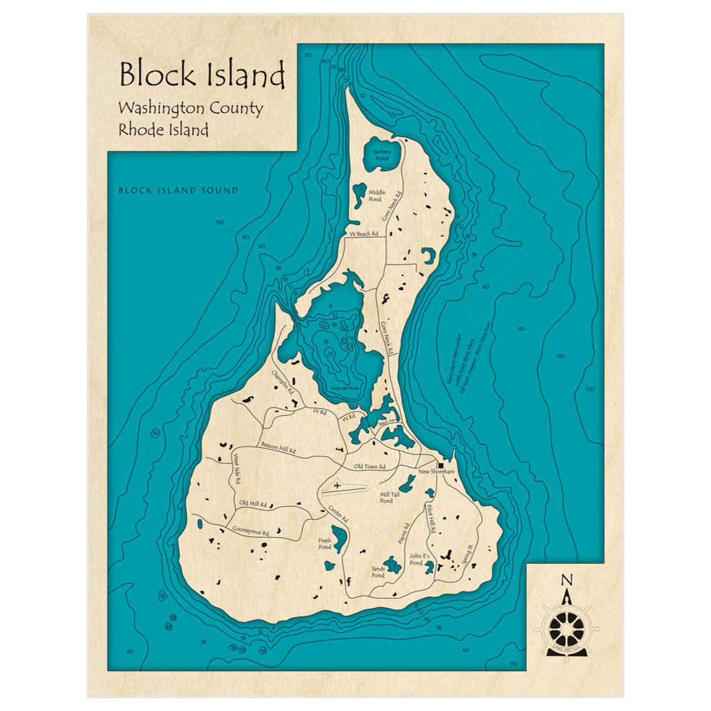 Bathymetric topo map of Block Island (Portrait) with roads, towns and depths noted in blue water