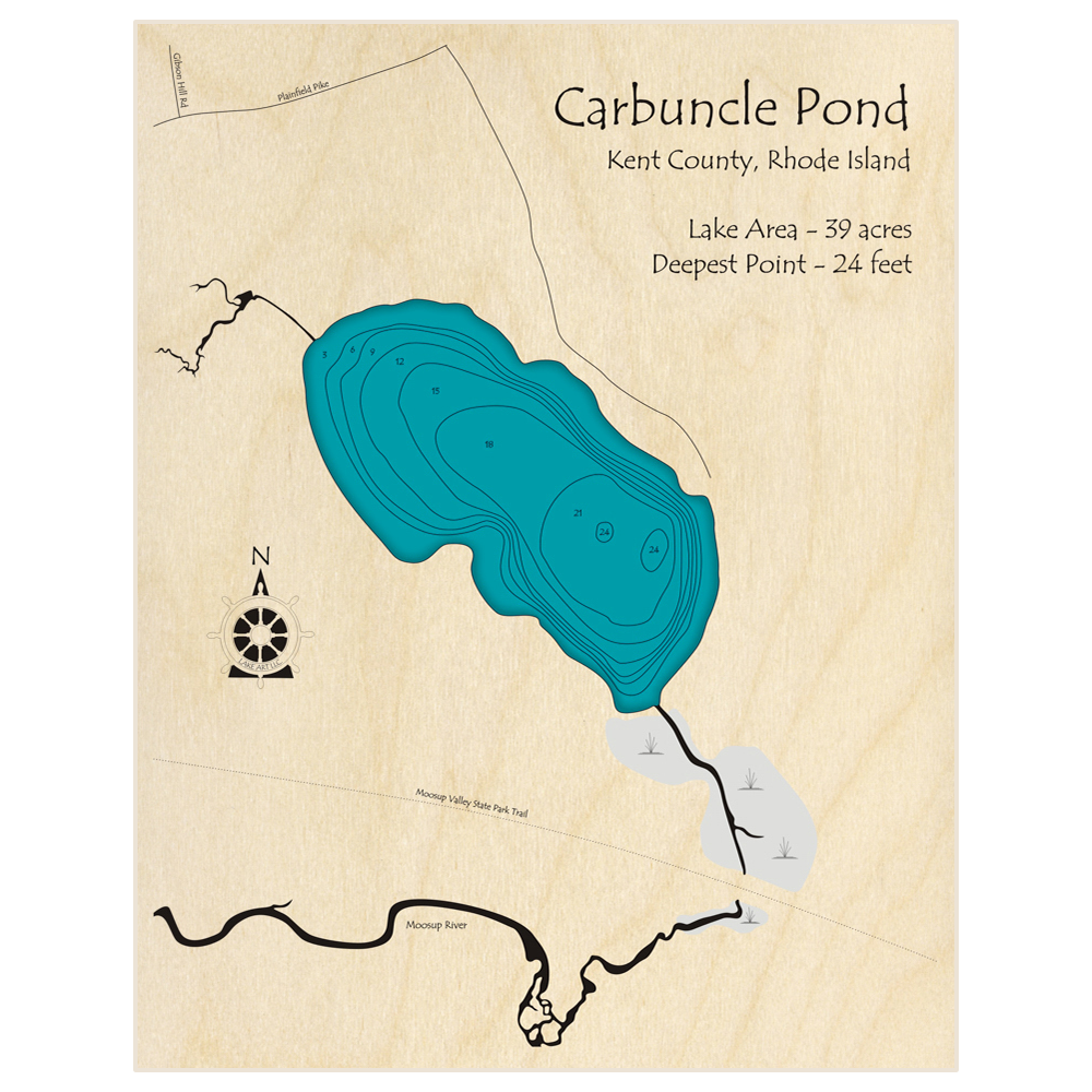 Bathymetric topo map of Carbuncle Pond with roads, towns and depths noted in blue water