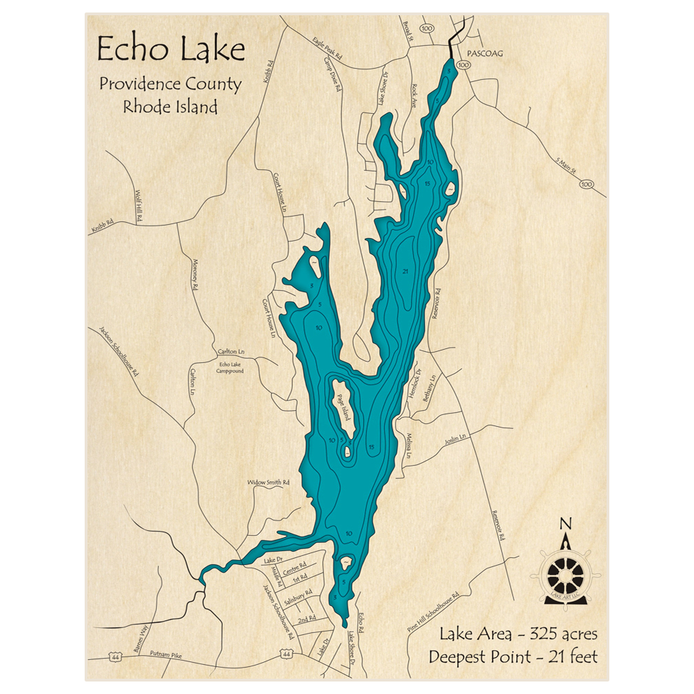 Bathymetric topo map of Echo Lake with roads, towns and depths noted in blue water