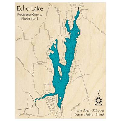 Bathymetric topo map of Echo Lake with roads, towns and depths noted in blue water