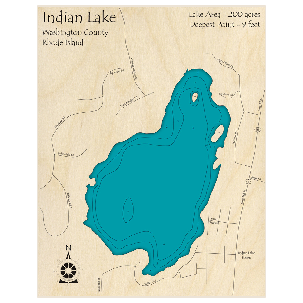 Bathymetric topo map of Indian Lake with roads, towns and depths noted in blue water