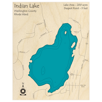 Bathymetric topo map of Indian Lake with roads, towns and depths noted in blue water