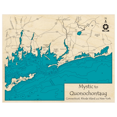 Bathymetric topo map of Mystic to Quonochonaug Coastal Region with roads, towns and depths noted in blue water