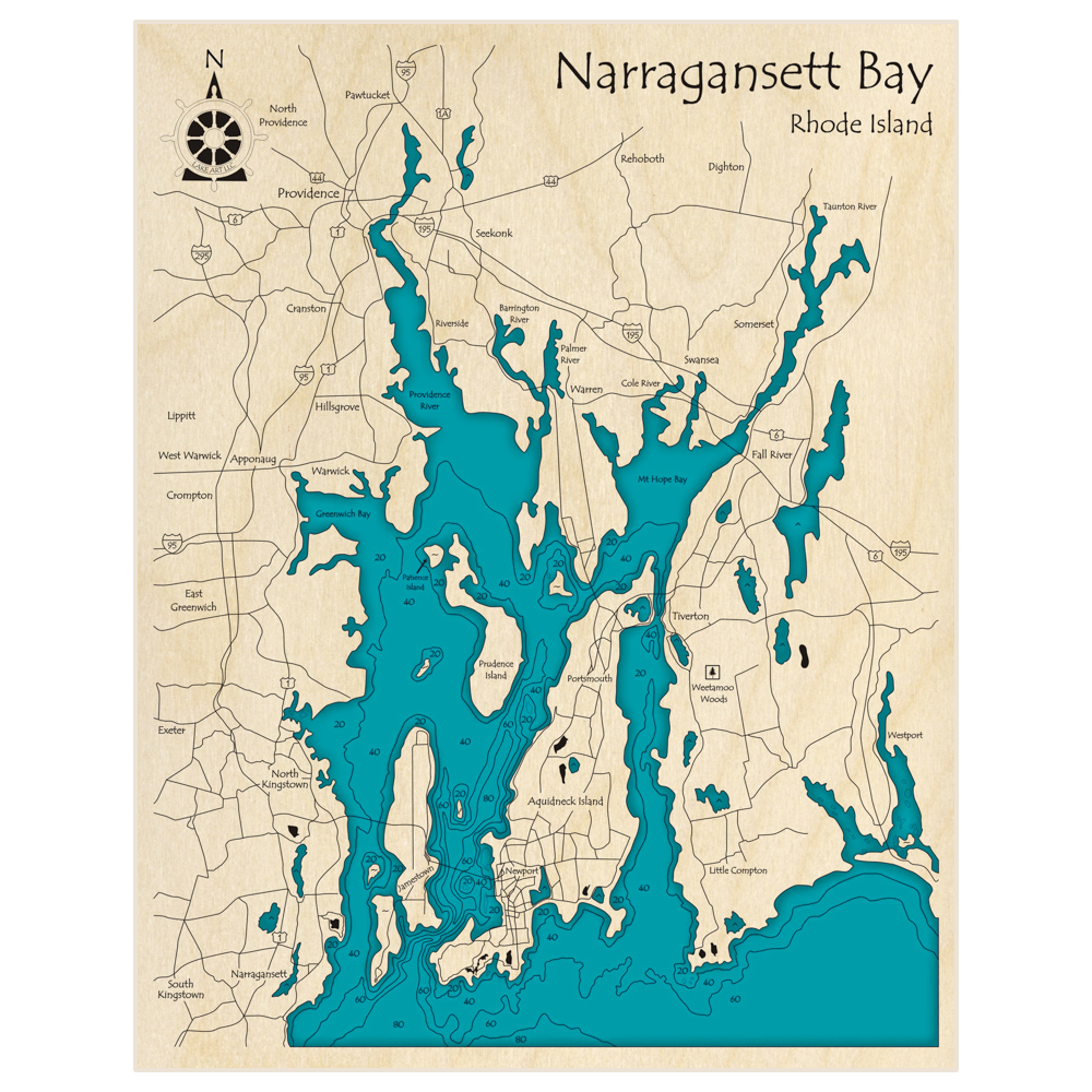 Bathymetric topo map of Narragansett Bay with roads, towns and depths noted in blue water