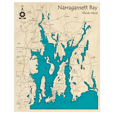 Bathymetric topo map of Narragansett Bay with roads, towns and depths noted in blue water