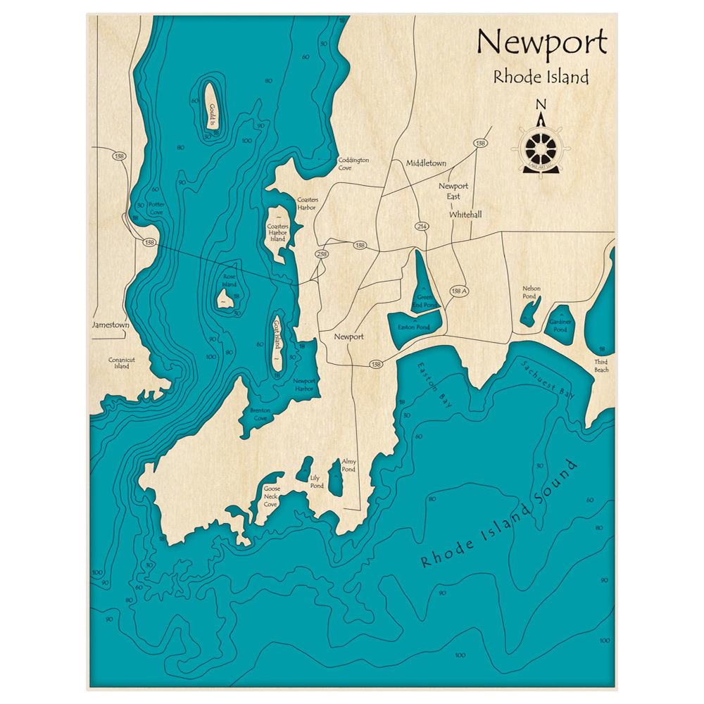 Bathymetric topo map of Newport - Rhode Island Sound with roads, towns and depths noted in blue water
