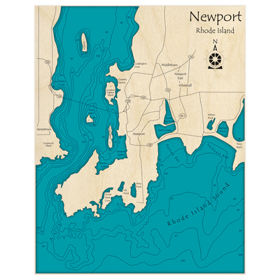 Bathymetric topo map of Newport - Rhode Island Sound with roads, towns and depths noted in blue water