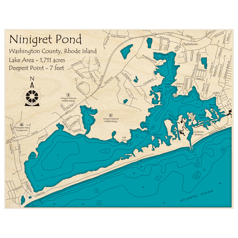 Bathymetric topo map of Ninigret Pond with roads, towns and depths noted in blue water