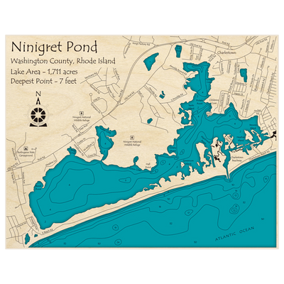 Bathymetric topo map of Ninigret Pond with roads, towns and depths noted in blue water