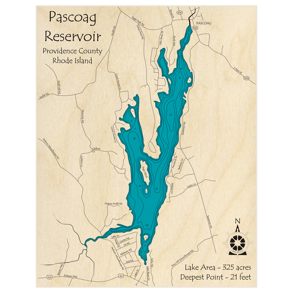 Bathymetric topo map of Pascoag Reservoir with roads, towns and depths noted in blue water