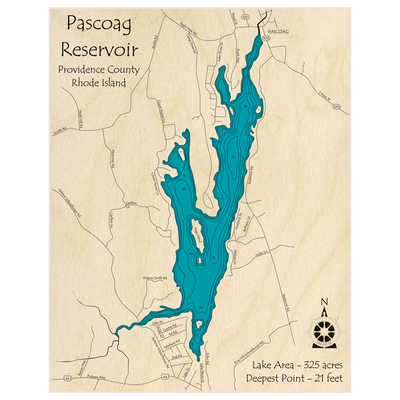 Bathymetric topo map of Pascoag Reservoir with roads, towns and depths noted in blue water