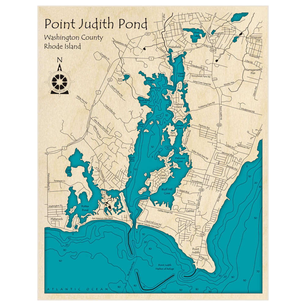 Bathymetric topo map of Point Judith Pond with roads, towns and depths noted in blue water