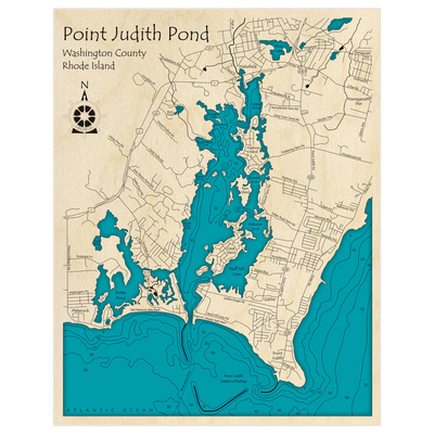 Bathymetric topo map of Point Judith Pond with roads, towns and depths noted in blue water