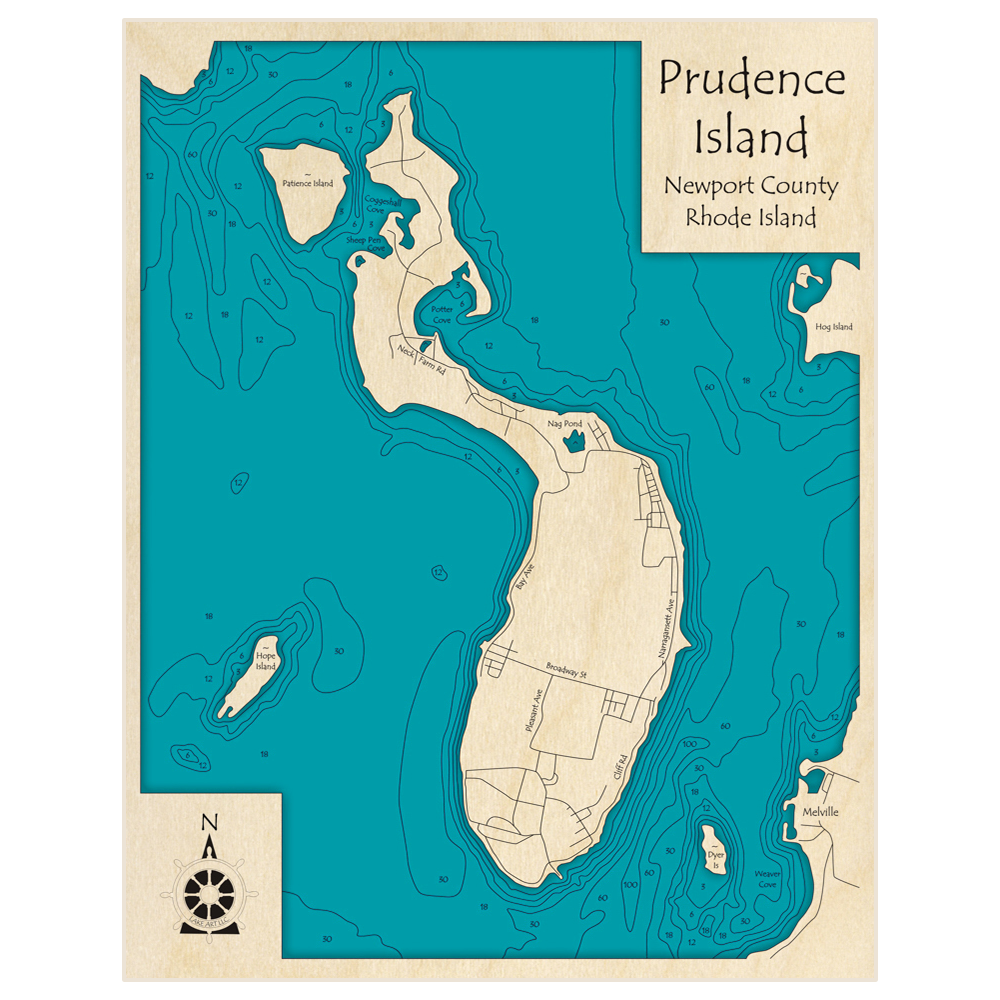 Bathymetric topo map of Prudence Island with roads, towns and depths noted in blue water