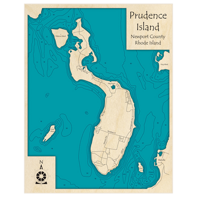 Bathymetric topo map of Prudence Island with roads, towns and depths noted in blue water