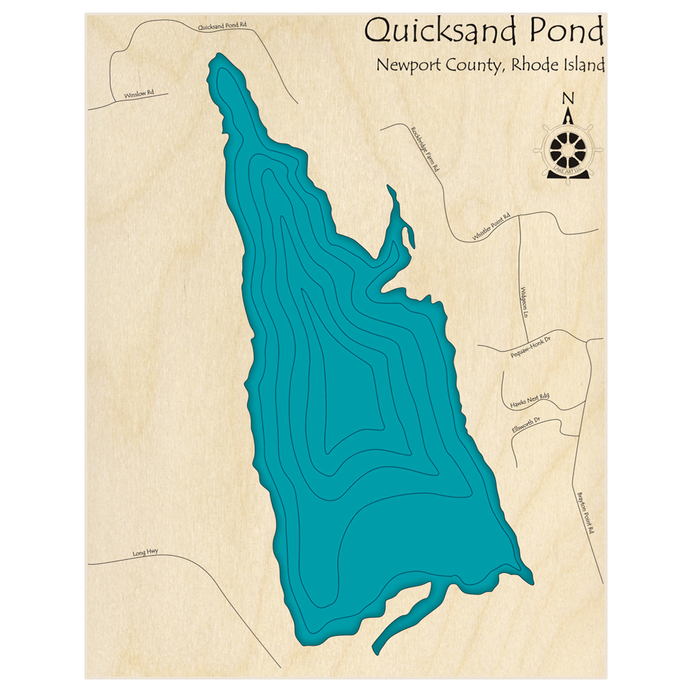 Bathymetric topo map of Quicksand Pond  with roads, towns and depths noted in blue water