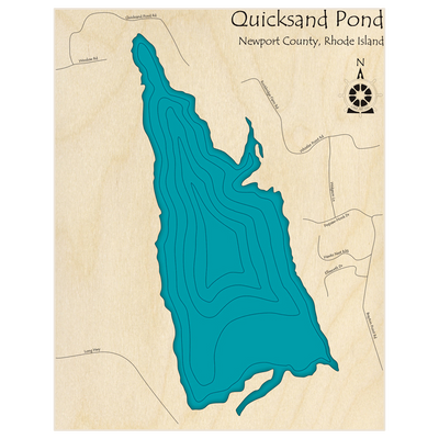 Bathymetric topo map of Quicksand Pond  with roads, towns and depths noted in blue water