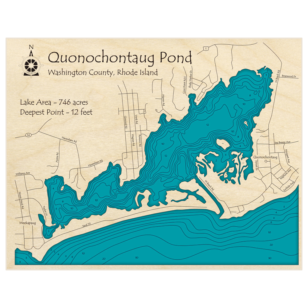 Bathymetric topo map of Quonochontaug Pond with roads, towns and depths noted in blue water