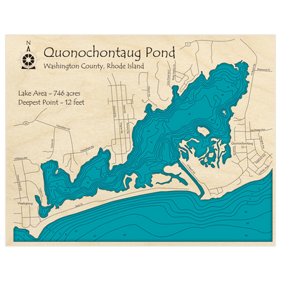 Bathymetric topo map of Quonochontaug Pond with roads, towns and depths noted in blue water