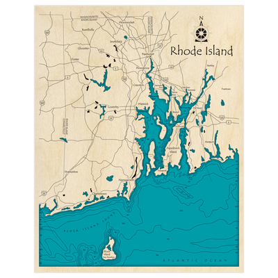 Bathymetric topo map of Coast of Rhode Island with roads, towns and depths noted in blue water