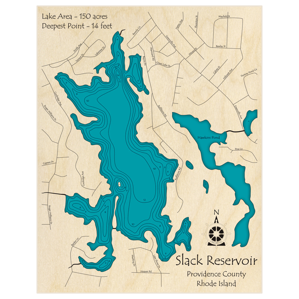 Bathymetric topo map of Slack Reservoir with roads, towns and depths noted in blue water