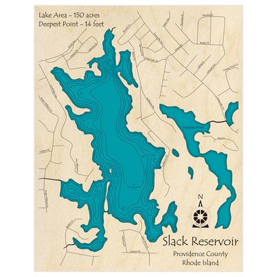 Bathymetric topo map of Slack Reservoir with roads, towns and depths noted in blue water