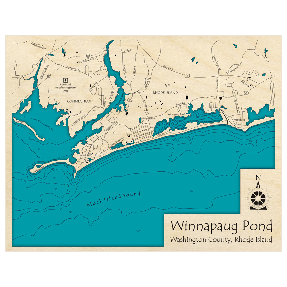 Bathymetric topo map of Winnapaug Pond to Napatree Point with roads, towns and depths noted in blue water