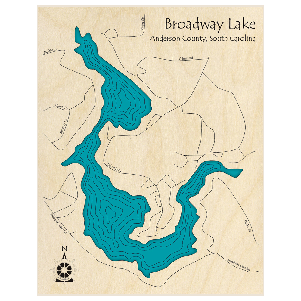 Bathymetric topo map of Broadway Lake  with roads, towns and depths noted in blue water