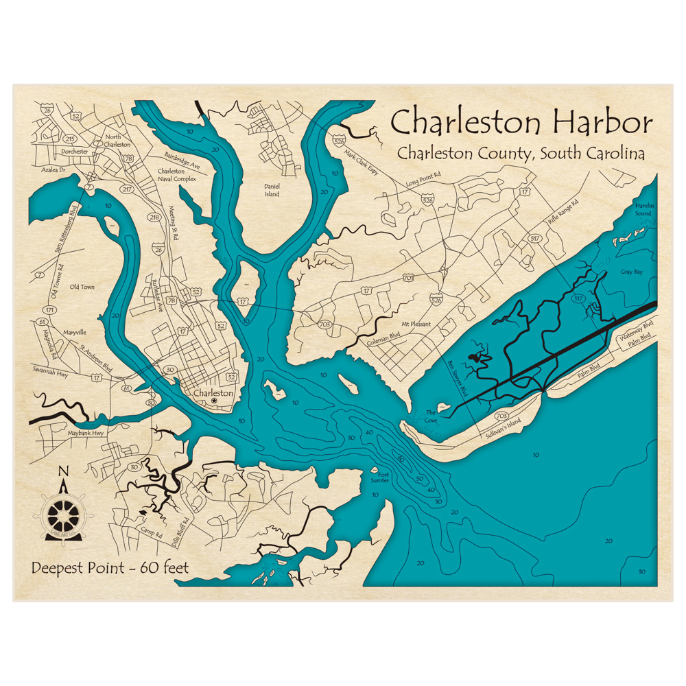 Bathymetric topo map of Charleston Harbor with roads, towns and depths noted in blue water