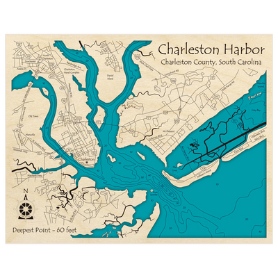 Bathymetric topo map of Charleston Harbor with roads, towns and depths noted in blue water