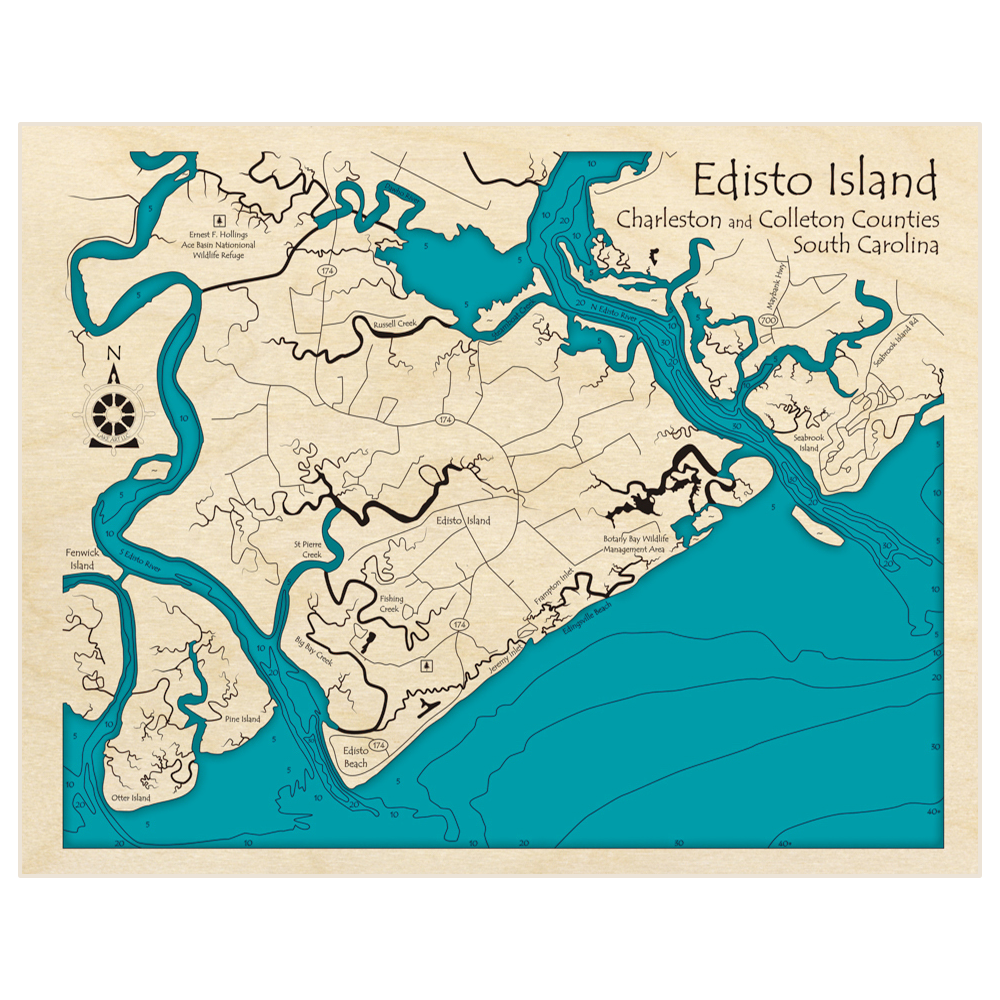 Bathymetric topo map of Edisto Island with roads, towns and depths noted in blue water