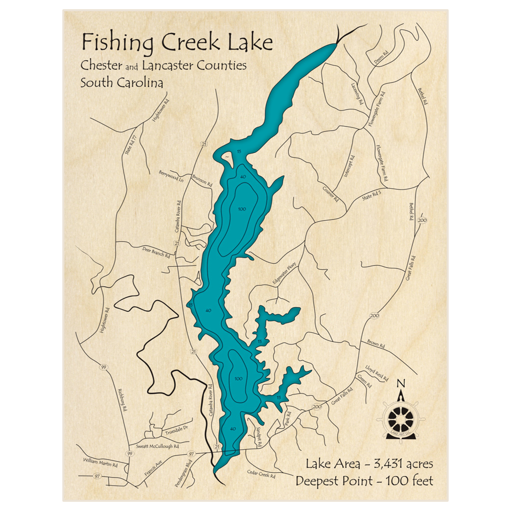 Bathymetric topo map of Fishing Creek Lake with roads, towns and depths noted in blue water