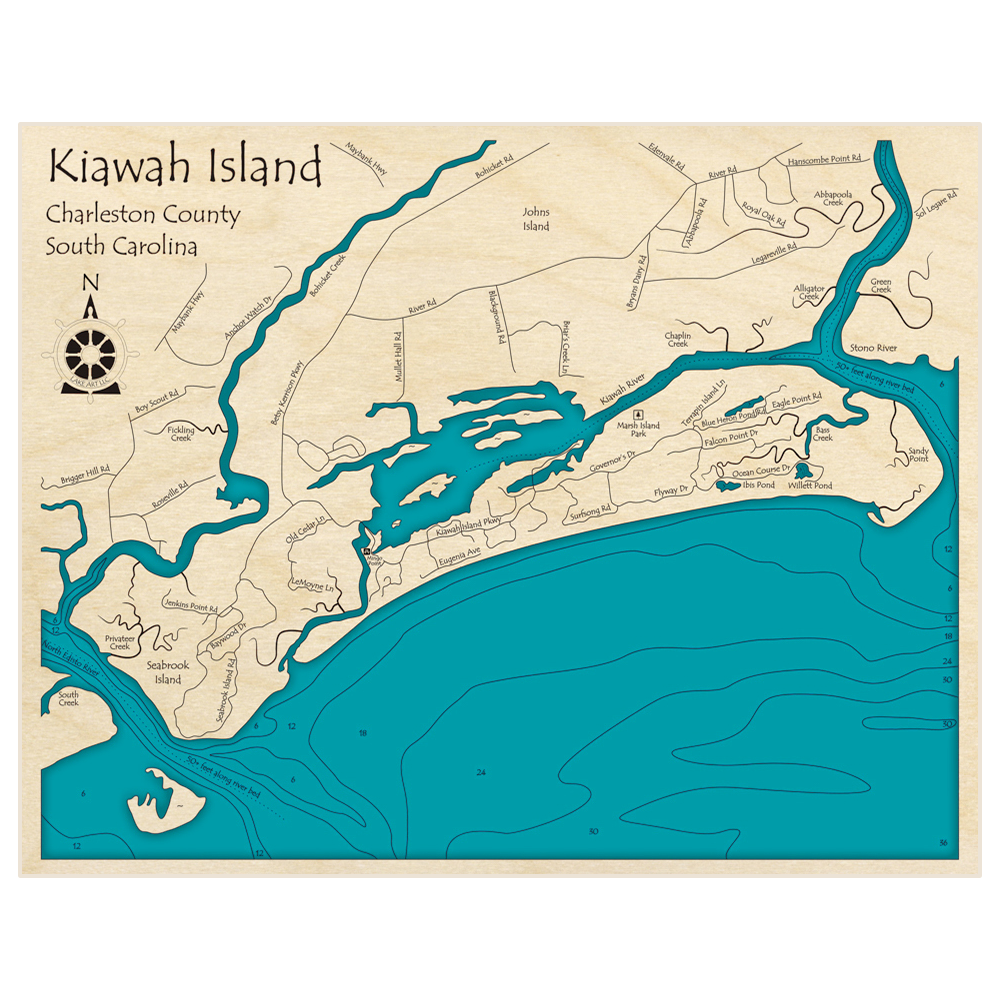 Bathymetric topo map of Kiawah Island with roads, towns and depths noted in blue water