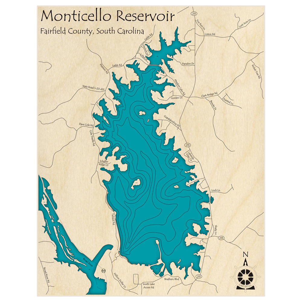 Bathymetric topo map of Monticello Reservoir  with roads, towns and depths noted in blue water