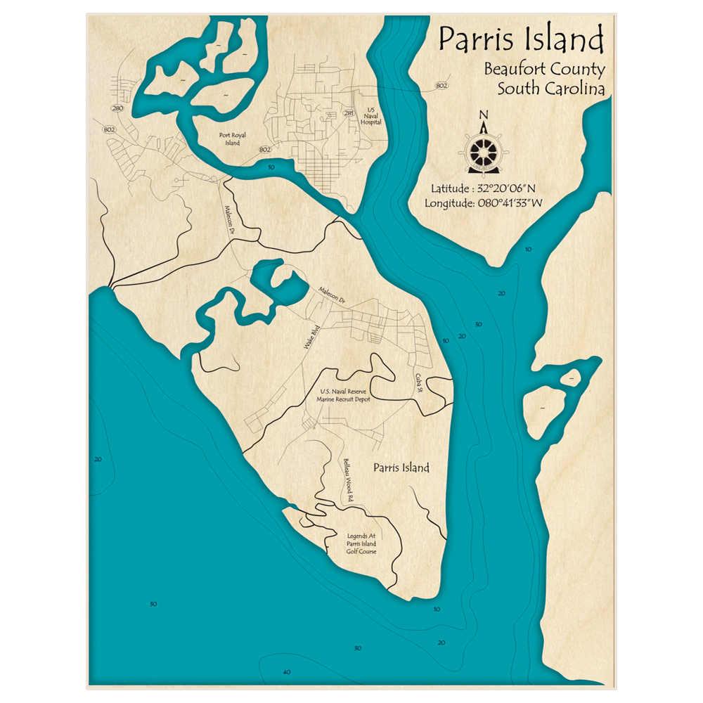 Bathymetric topo map of Parris Island with roads, towns and depths noted in blue water