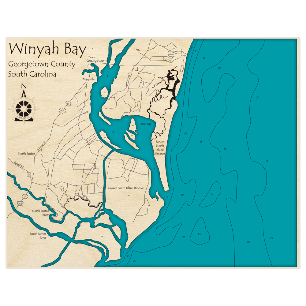 Bathymetric topo map of Winyah Bay with roads, towns and depths noted in blue water