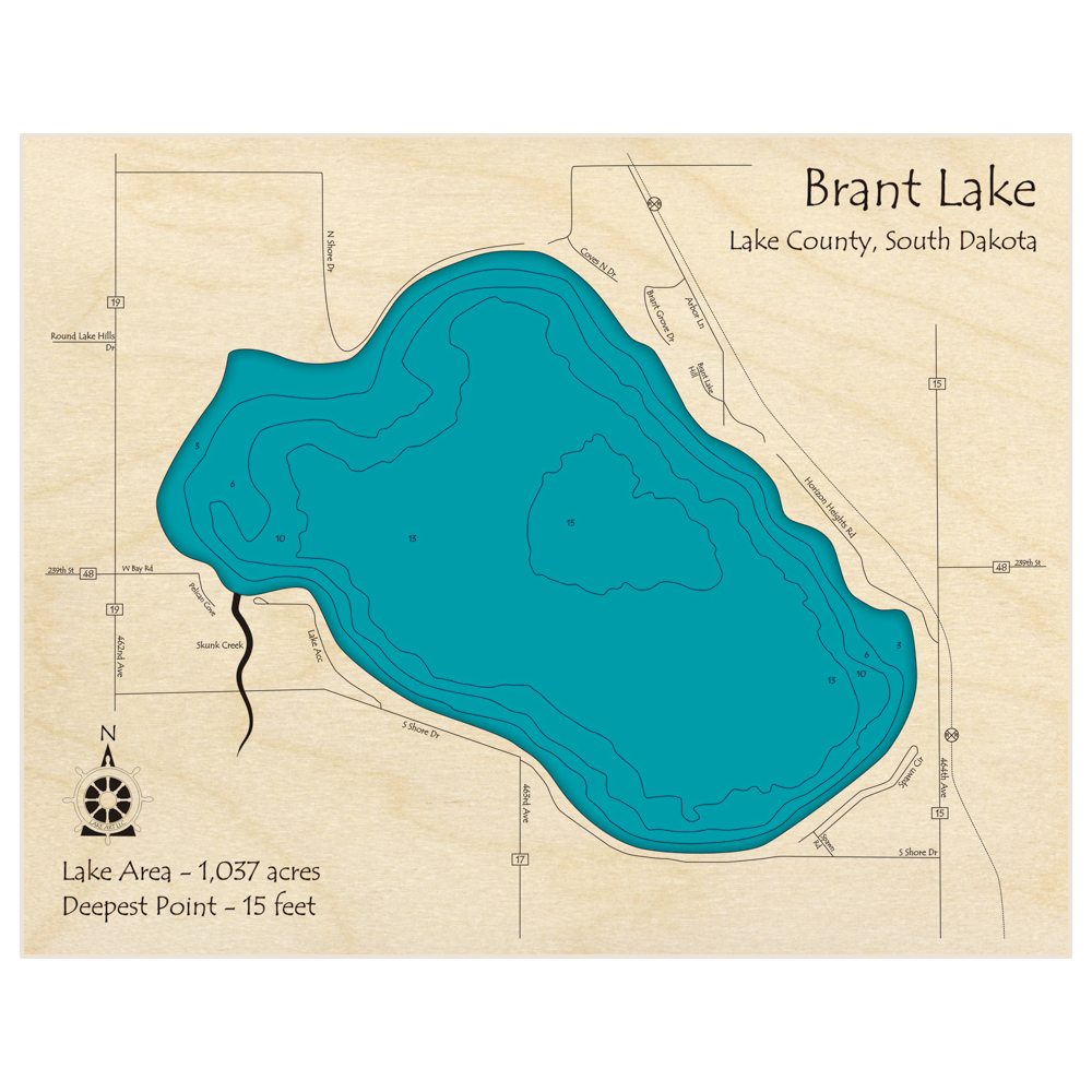 Bathymetric topo map of Brant Lake with roads, towns and depths noted in blue water