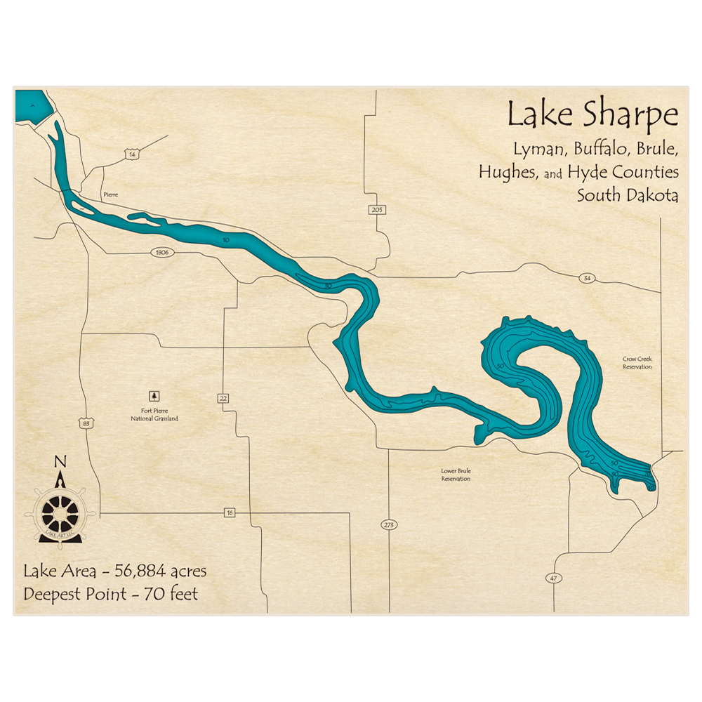 Lake Sharpe 3D Custom Wood Map – Lake Art LLC