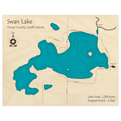 Bathymetric topo map of Swan Lake with roads, towns and depths noted in blue water