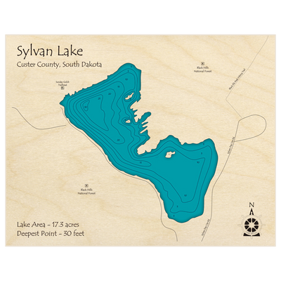 Bathymetric topo map of Sylvan Lake with roads, towns and depths noted in blue water