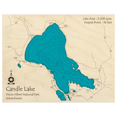 Bathymetric topo map of Candle Lake with roads, towns and depths noted in blue water