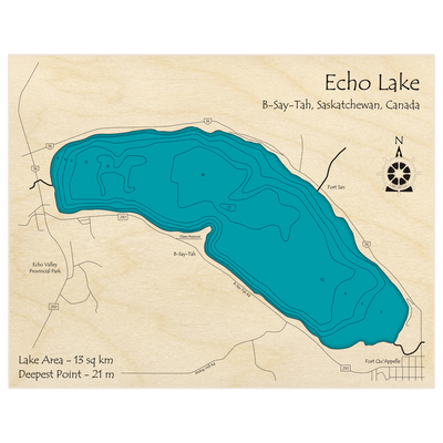 Bathymetric topo map of Echo Lake with roads, towns and depths noted in blue water