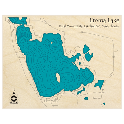 Bathymetric topo map of Emma Lake (Southern Section)  with roads, towns and depths noted in blue water