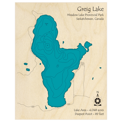 Bathymetric topo map of Greig Lake with roads, towns and depths noted in blue water