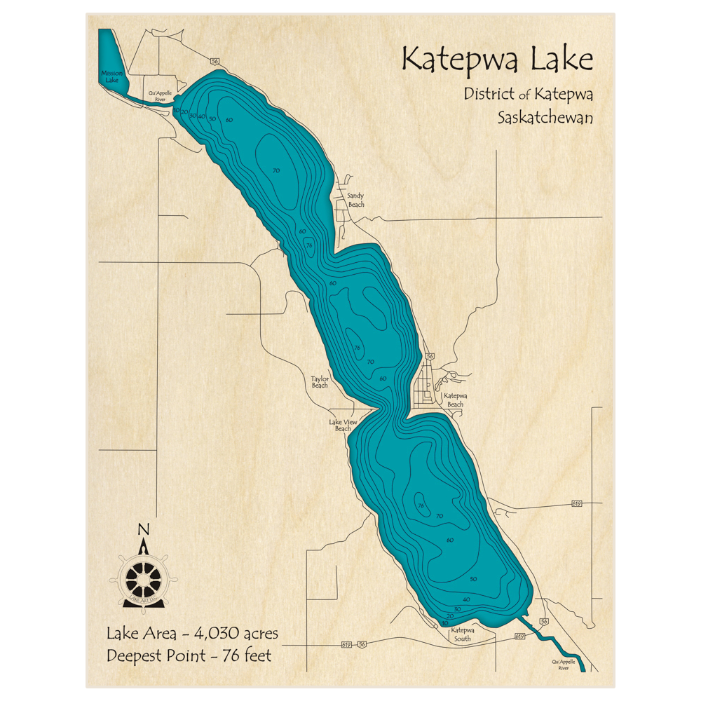 Bathymetric topo map of Katepwa Lake with roads, towns and depths noted in blue water