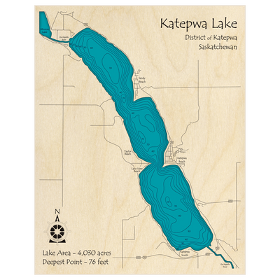 Bathymetric topo map of Katepwa Lake with roads, towns and depths noted in blue water