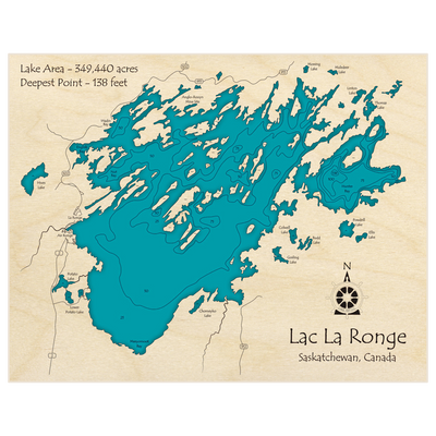 Bathymetric topo map of Lac La Ronge with roads, towns and depths noted in blue water