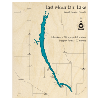 Bathymetric topo map of Last Mountain Lake with roads, towns and depths noted in blue water